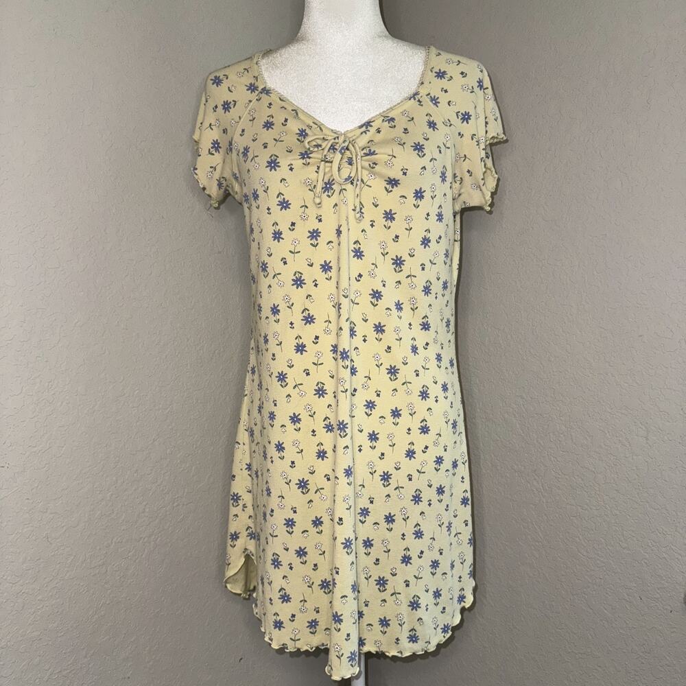 VINTAGE Body Drama Mini Dress Women's Medium Yellow Ditsy Flowers Tie Front